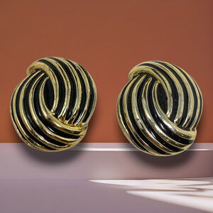 Vintage 1980's Gold & Black Acrylic Swirl Huge Earrings Clip On New Wave Runway